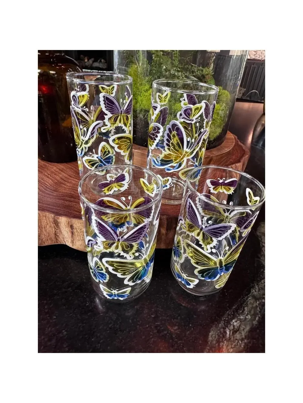 Vintage Libbey Butterfly Tumbler Glasses Set of 4, 1970s Stained Glass Look